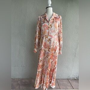 en saison clover orange floral pleated long sleeve midi summer dress medium